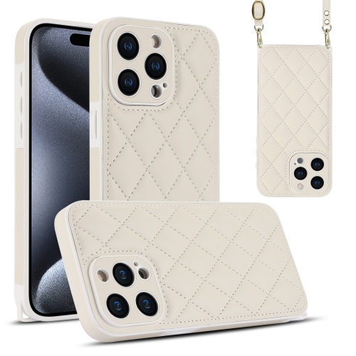 

For iPhone 15 Pro Rhombic Texture Phone Case with Dual Lanyard(White)