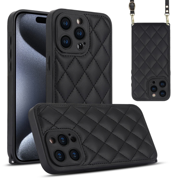 

For iPhone 15 Pro Rhombic Texture Phone Case with Dual Lanyard(Black)