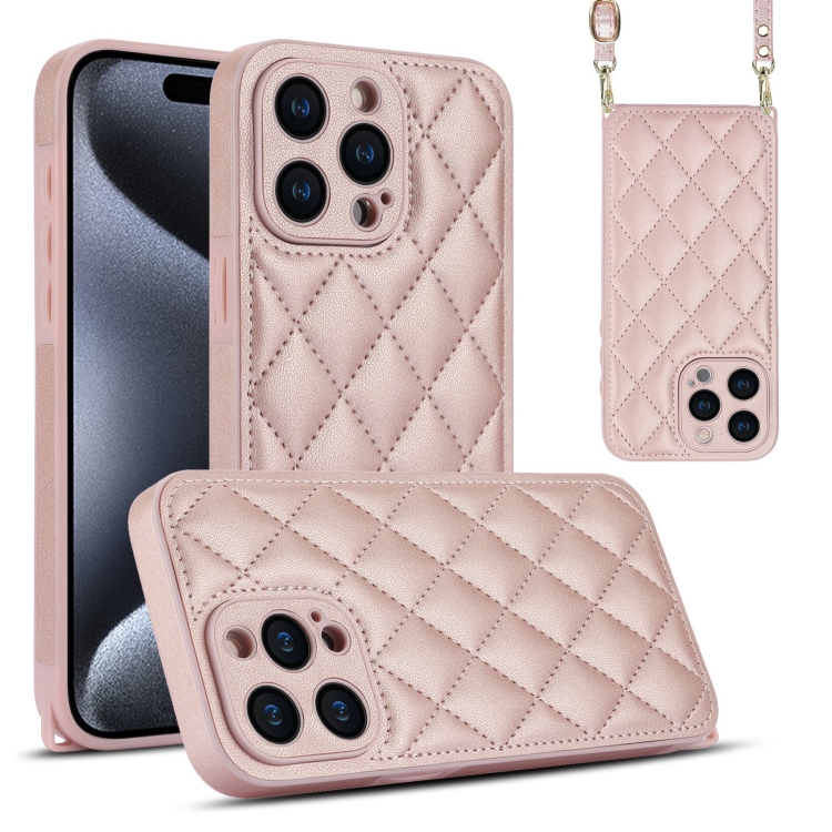 

For iPhone 15 Pro Rhombic Texture Phone Case with Dual Lanyard(Rose Gold)