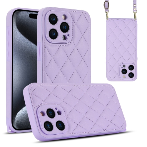 

For iPhone 15 Pro Rhombic Texture Phone Case with Dual Lanyard(Purple)