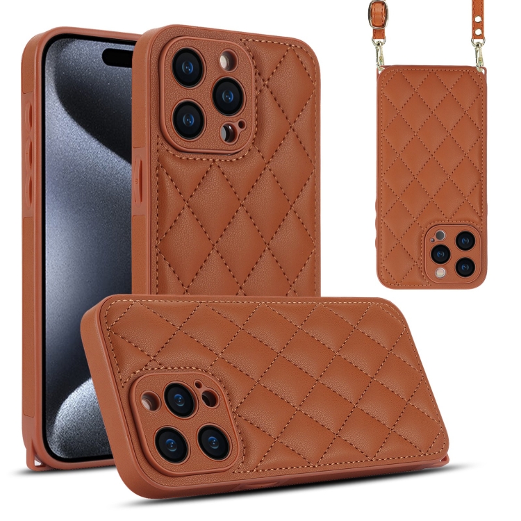 

For iPhone 15 Pro Rhombic Texture Phone Case with Dual Lanyard(Brown)