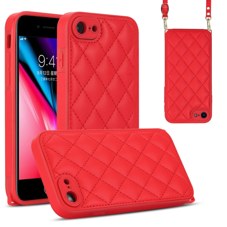 

For iPhone SE 2022 / SE 2020 Rhombic Texture Phone Case with Dual Lanyard(Red)