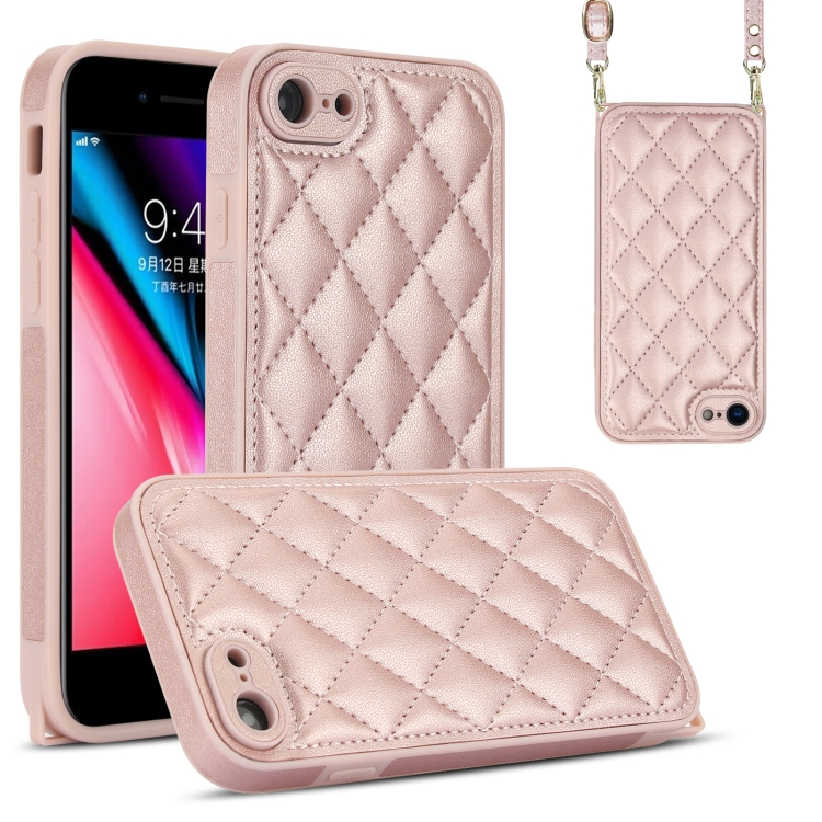 

For iPhone SE 2022 / SE 2020 Rhombic Texture Phone Case with Dual Lanyard(Rose Gold)