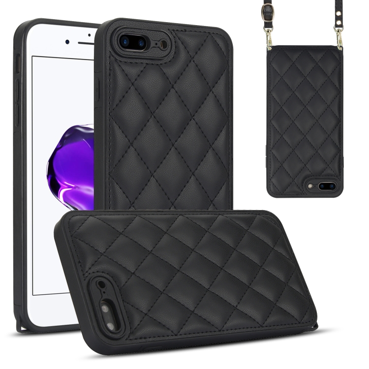 

For iPhone 8 Plus / 7 Plus Rhombic Texture Phone Case with Dual Lanyard(Black)