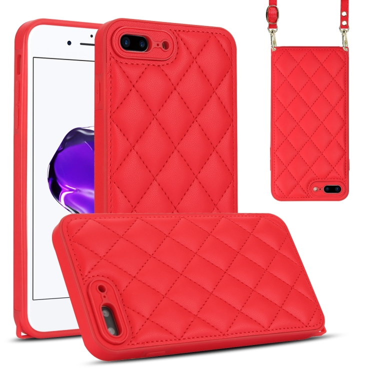 

For iPhone 8 Plus / 7 Plus Rhombic Texture Phone Case with Dual Lanyard(Red)