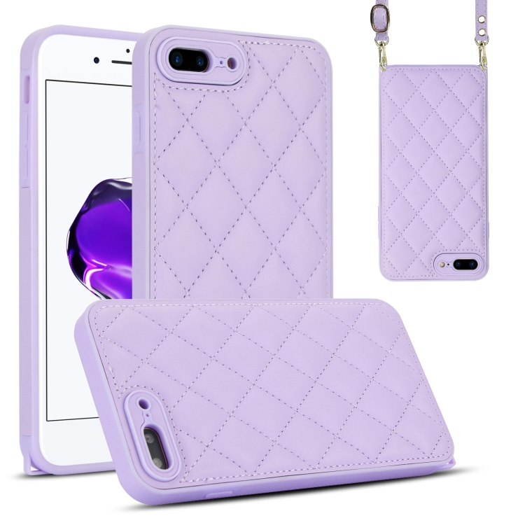 

For iPhone 8 Plus / 7 Plus Rhombic Texture Phone Case with Dual Lanyard(Purple)