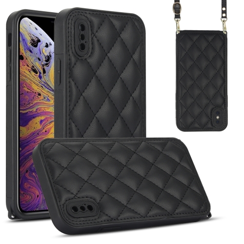

For iPhone XS / X Rhombic Texture Phone Case with Dual Lanyard(Black)