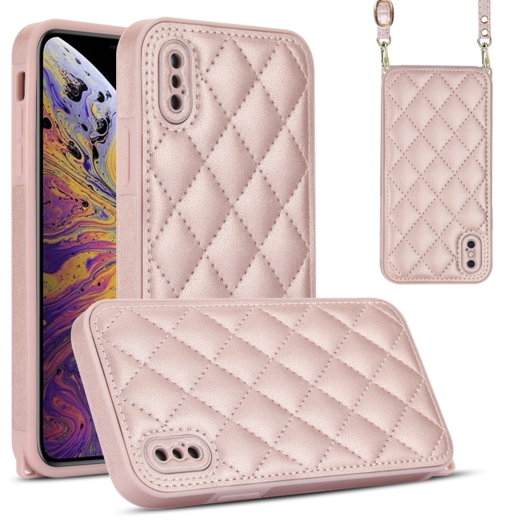 

For iPhone XS / X Rhombic Texture Phone Case with Dual Lanyard(Rose Gold)