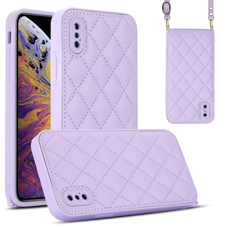 

For iPhone XS / X Rhombic Texture Phone Case with Dual Lanyard(Purple)