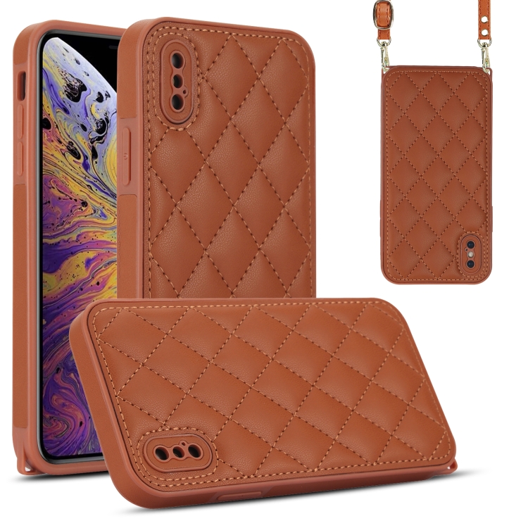 

For iPhone XS / X Rhombic Texture Phone Case with Dual Lanyard(Brown)