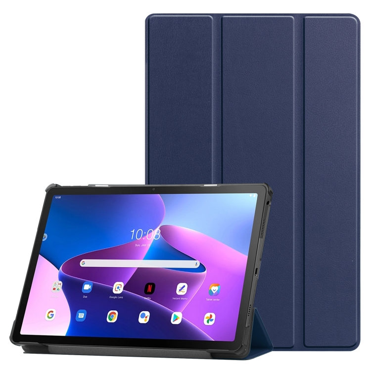 

For Lenovo Qitian K10 Pro 5G 3-folding Leather Smart Tablet Case(Dark Blue)