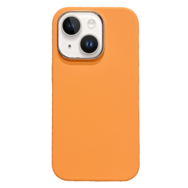 

For iPhone 15 Plus Electroplated Metal Lens Frame Design MagSafe Silicone Phone Case(Orange)