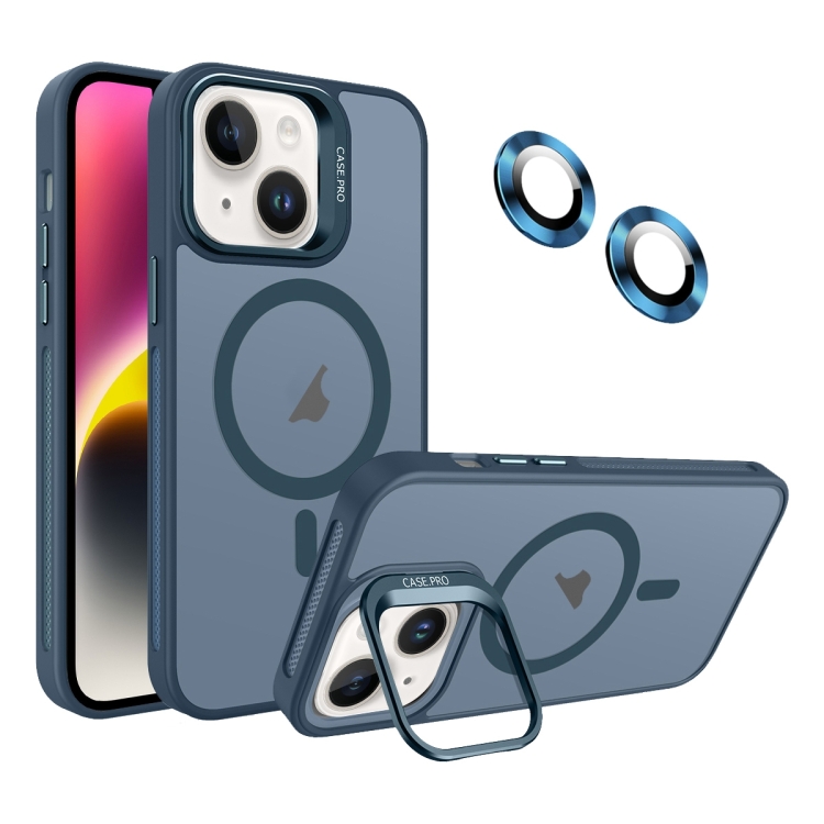 

For iPhone 14 Plus Invisible Lens Holder MagSafe Phone Case(Navy Blue)