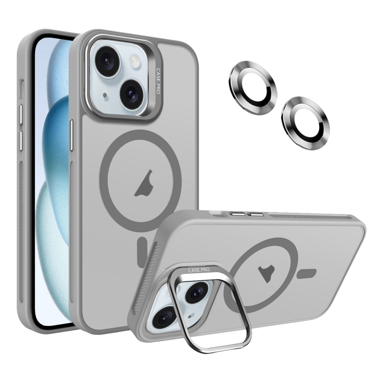 

For iPhone 15 Invisible Lens Holder MagSafe Phone Case(Grey)