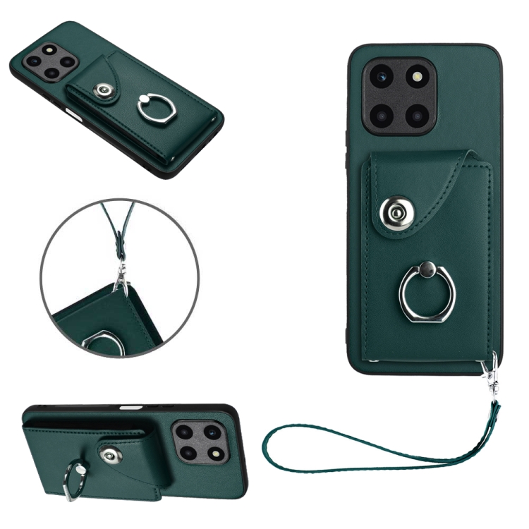 

For Honor X6a Global Organ Card Bag Ring Holder PU Phone Case with Lanyard(Green)