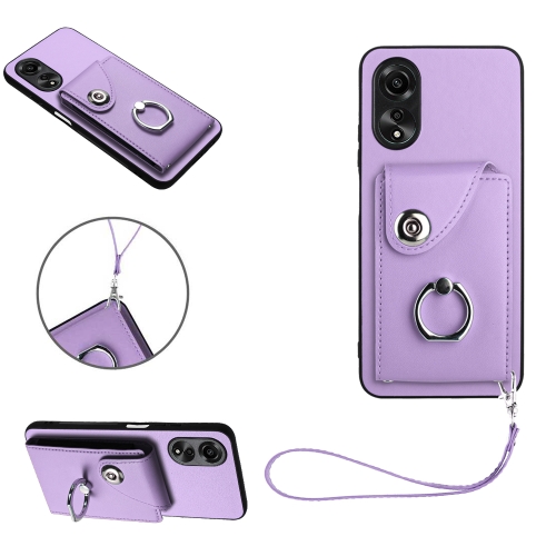 

For OPPO A38 4G/A18 4G Global Organ Card Bag Ring Holder PU Phone Case with Lanyard(Purple)