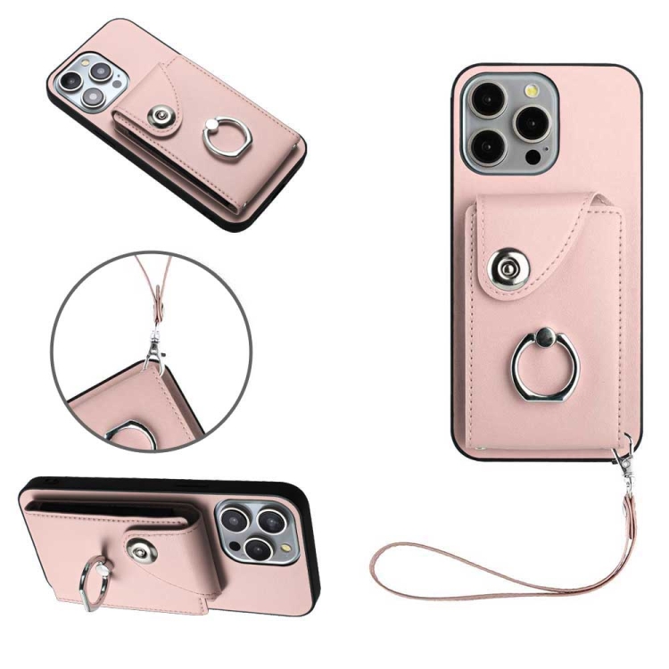 

For iPhone 15 Pro Organ Card Bag Ring Holder PU Phone Case with Lanyard(Pink)