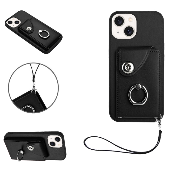 

For iPhone 15 Plus Organ Card Bag Ring Holder PU Phone Case with Lanyard(Black)