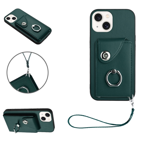 

For iPhone 15 Organ Card Bag Ring Holder PU Phone Case with Lanyard(Green)