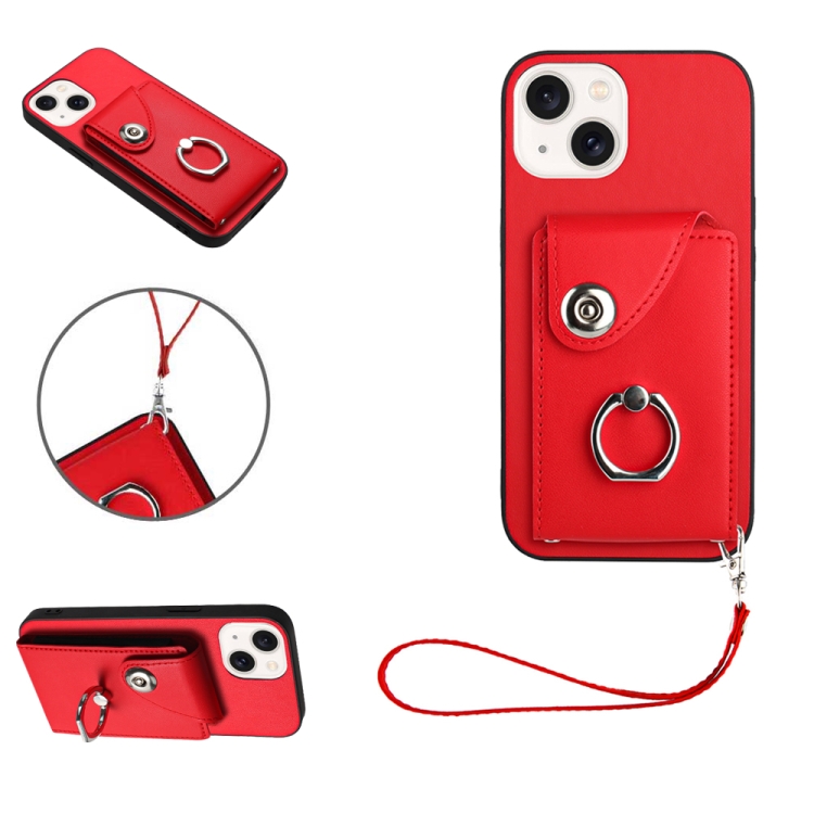 

For iPhone 14 Plus Organ Card Bag Ring Holder PU Phone Case with Lanyard(Red)