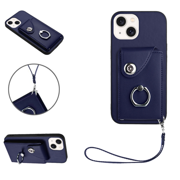 

For iPhone 14 Organ Card Bag Ring Holder PU Phone Case with Lanyard(Blue)