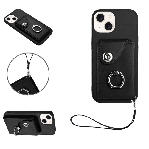 

For iPhone 14 Organ Card Bag Ring Holder PU Phone Case with Lanyard(Black)