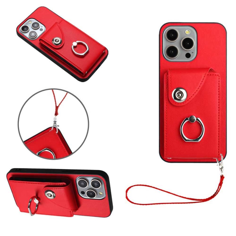 

For iPhone 14 Pro Organ Card Bag Ring Holder PU Phone Case with Lanyard(Red)