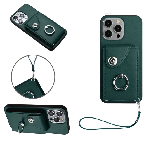 

For iPhone 14 Pro Max Organ Card Bag Ring Holder PU Phone Case with Lanyard(Green)