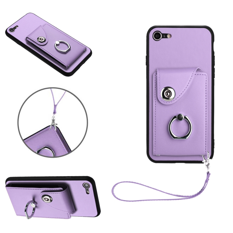 

For iPhone SE 2022/SE 2020/6/7/8 Organ Card Bag Ring Holder PU Phone Case with Lanyard(Purple)