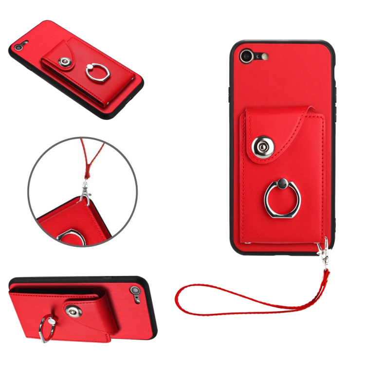 

For iPhone SE 2022/SE 2020/6/7/8 Organ Card Bag Ring Holder PU Phone Case with Lanyard(Red)