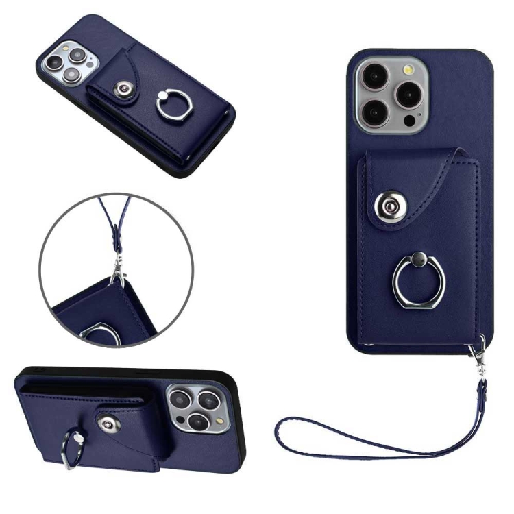 

For iPhone 13 Pro Organ Card Bag Ring Holder PU Phone Case with Lanyard(Blue)