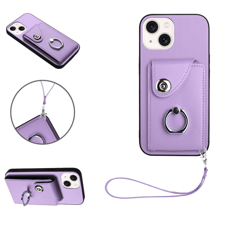 

For iPhone 13 Organ Card Bag Ring Holder PU Phone Case with Lanyard(Purple)