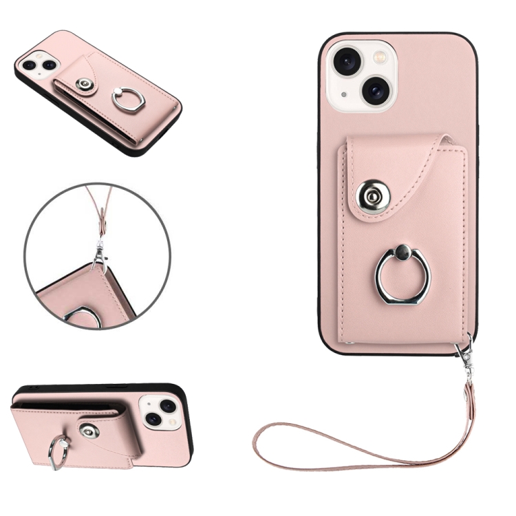 

For iPhone 13 Organ Card Bag Ring Holder PU Phone Case with Lanyard(Pink)