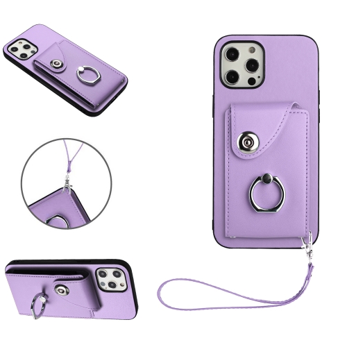 

For iPhone 12 Organ Card Bag Ring Holder PU Phone Case with Lanyard(Purple)