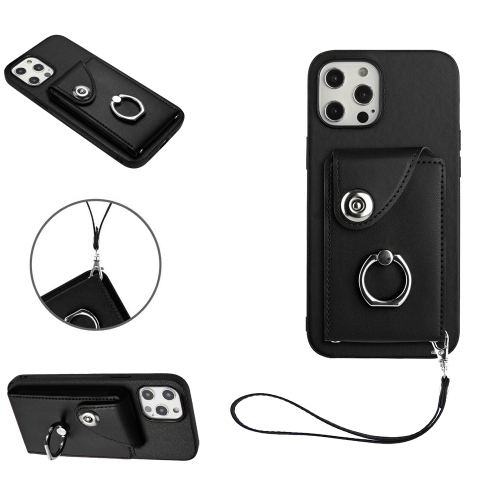 

For iPhone 12 Organ Card Bag Ring Holder PU Phone Case with Lanyard(Black)