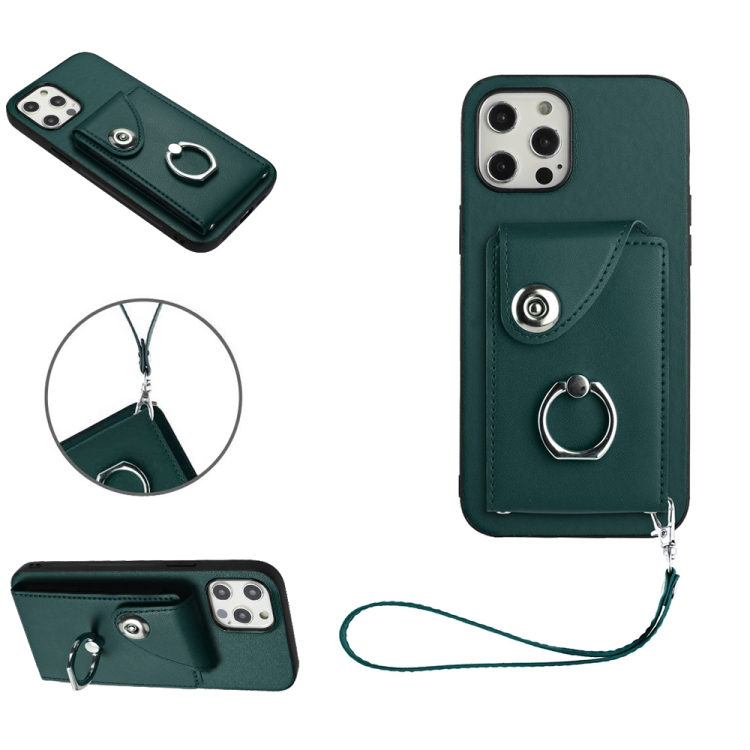 

For iPhone 12 Organ Card Bag Ring Holder PU Phone Case with Lanyard(Green)