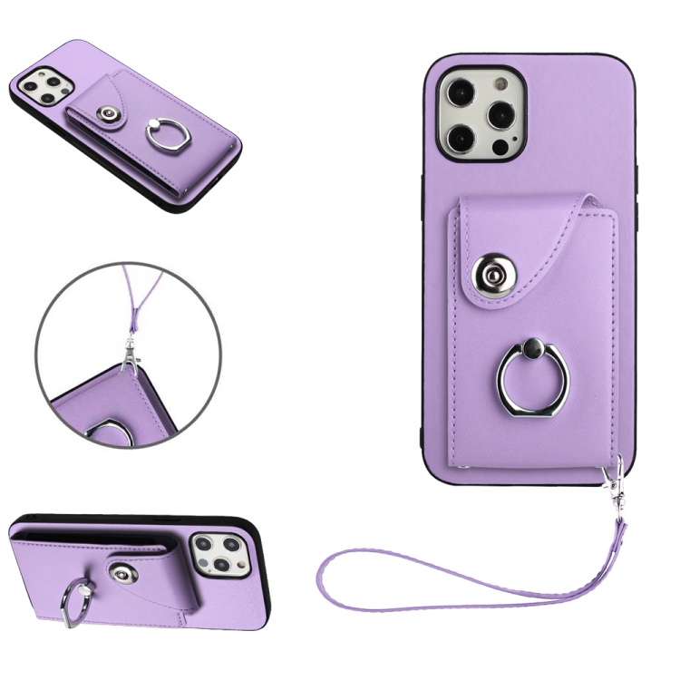 

For iPhone 12 Pro Max Organ Card Bag Ring Holder PU Phone Case with Lanyard(Purple)