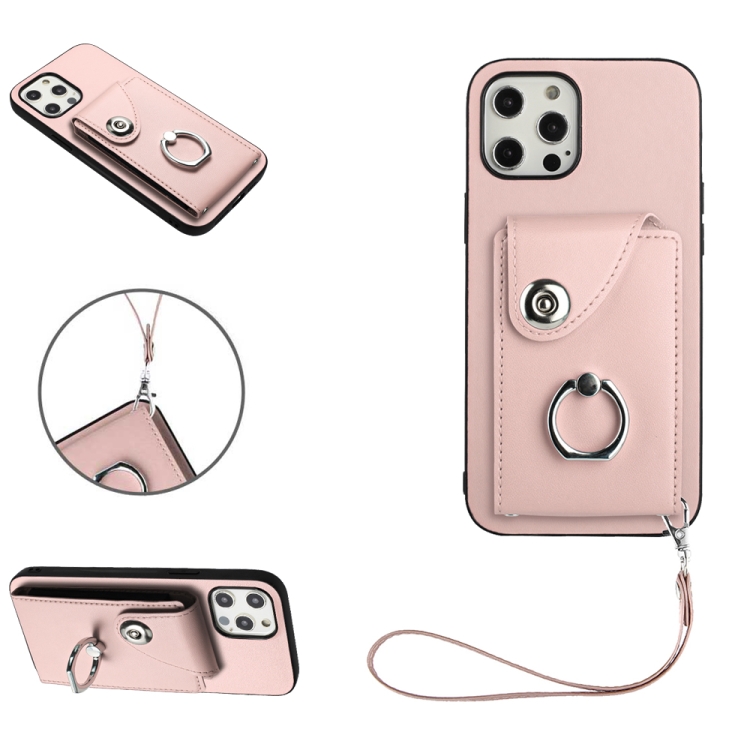 

For iPhone 12 Pro Max Organ Card Bag Ring Holder PU Phone Case with Lanyard(Pink)