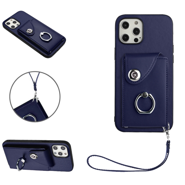 

For iPhone 12 Pro Organ Card Bag Ring Holder PU Phone Case with Lanyard(Blue)