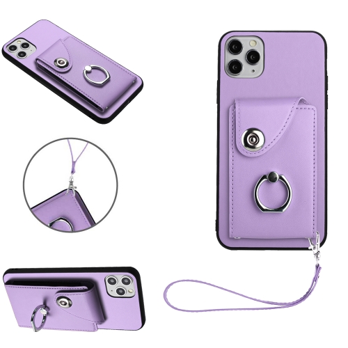 

For iPhone 11 Pro Max Organ Card Bag Ring Holder PU Phone Case with Lanyard(Purple)