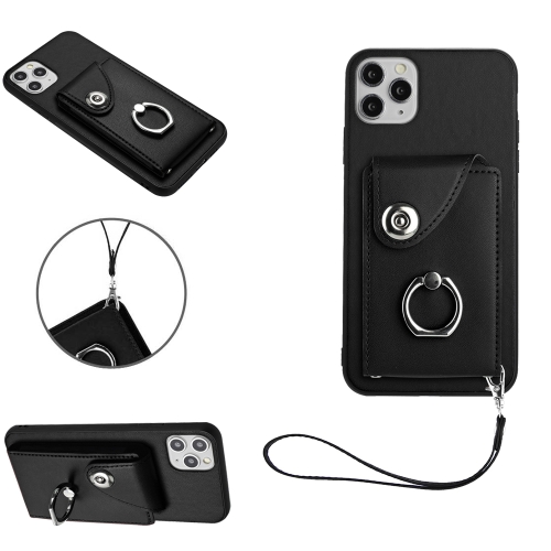 

For iPhone 11 Pro Max Organ Card Bag Ring Holder PU Phone Case with Lanyard(Black)