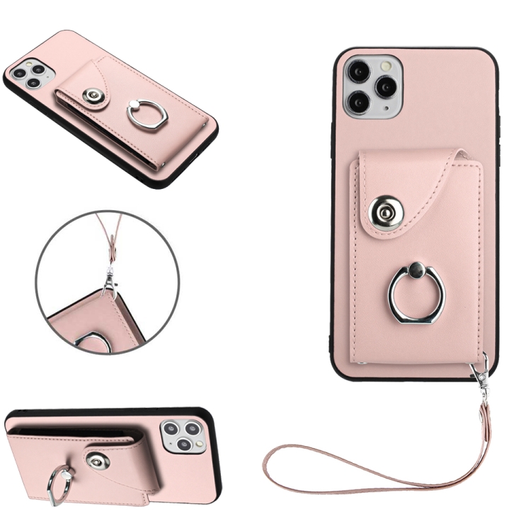 

For iPhone 11 Pro Max Organ Card Bag Ring Holder PU Phone Case with Lanyard(Pink)