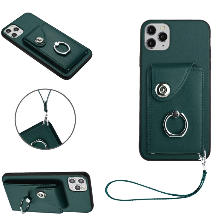 

For iPhone 11 Pro Max Organ Card Bag Ring Holder PU Phone Case with Lanyard(Green)