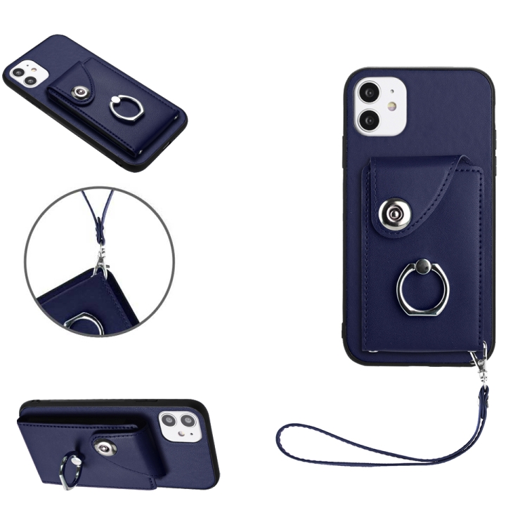 

For iPhone 11 Organ Card Bag Ring Holder PU Phone Case with Lanyard(Blue)
