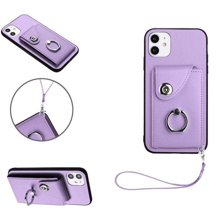 

For iPhone 11 Organ Card Bag Ring Holder PU Phone Case with Lanyard(Purple)