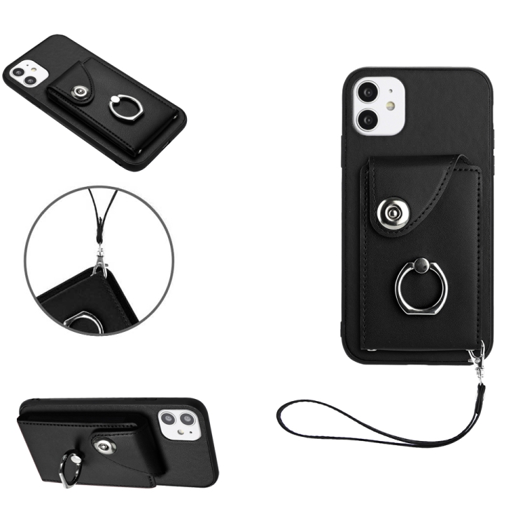 

For iPhone 11 Organ Card Bag Ring Holder PU Phone Case with Lanyard(Black)