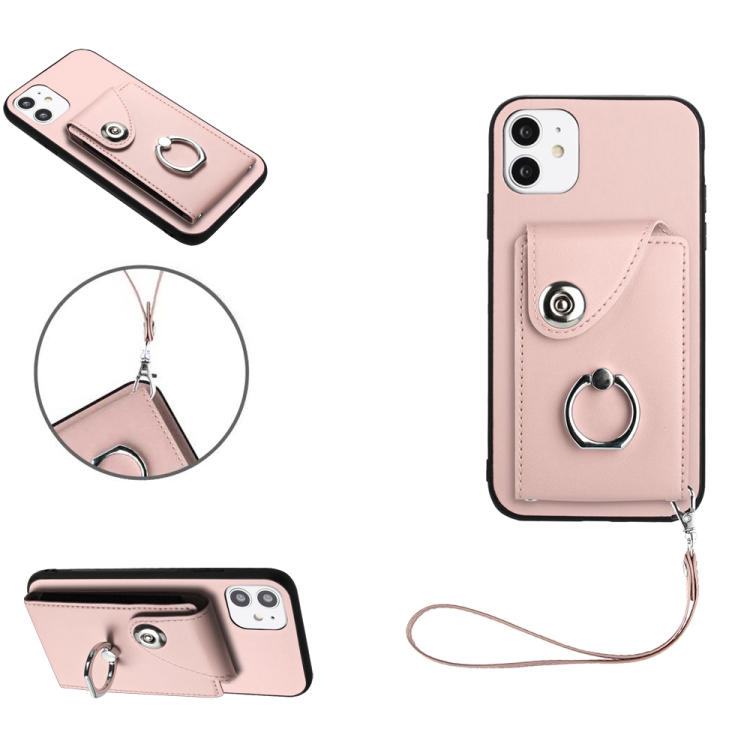 

For iPhone 11 Organ Card Bag Ring Holder PU Phone Case with Lanyard(Pink)