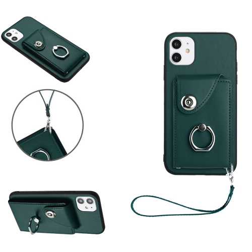 

For iPhone 11 Organ Card Bag Ring Holder PU Phone Case with Lanyard(Green)