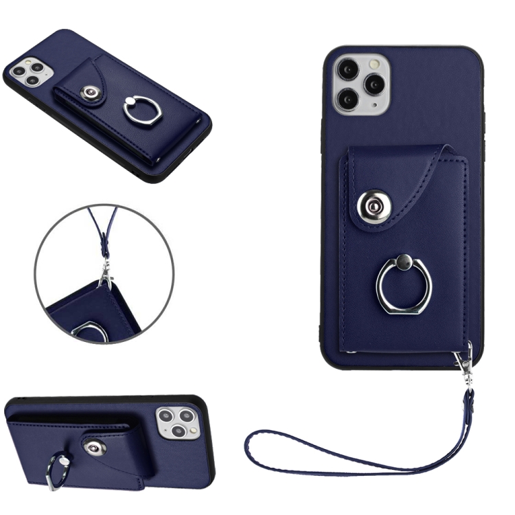 

For iPhone 11 Pro Organ Card Bag Ring Holder PU Phone Case with Lanyard(Blue)