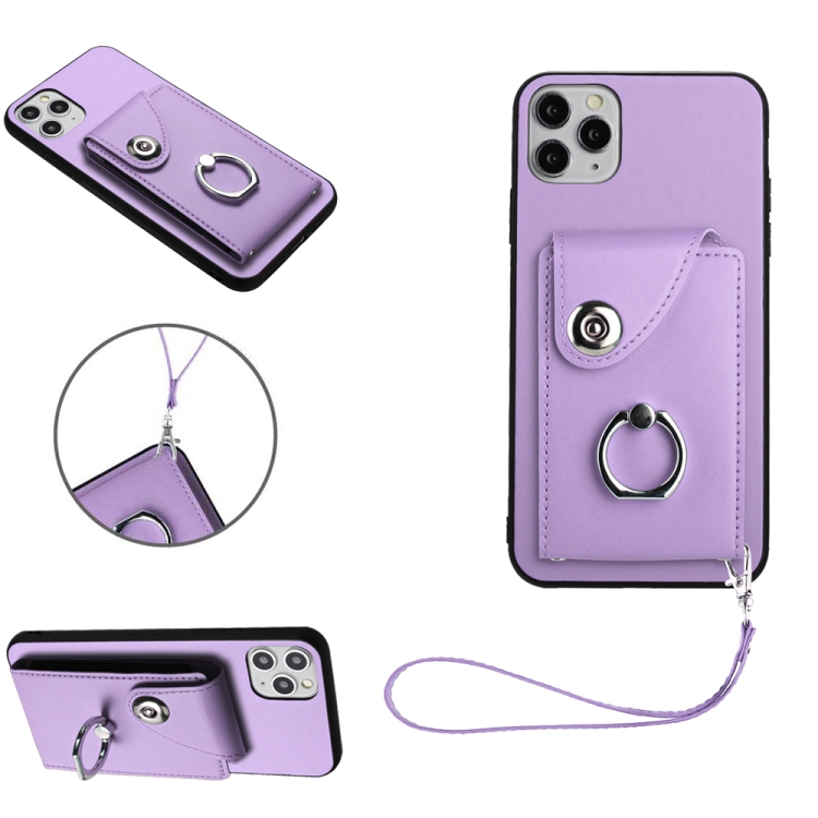 

For iPhone 11 Pro Organ Card Bag Ring Holder PU Phone Case with Lanyard(Purple)